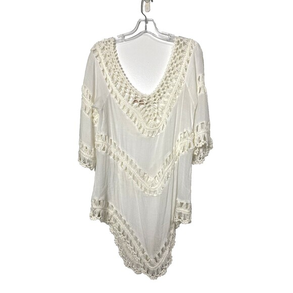PARADISE Beach Cover Up Boho Ivory Swim Suit Tunic Top Crochet One Size - Picture 1 of 12